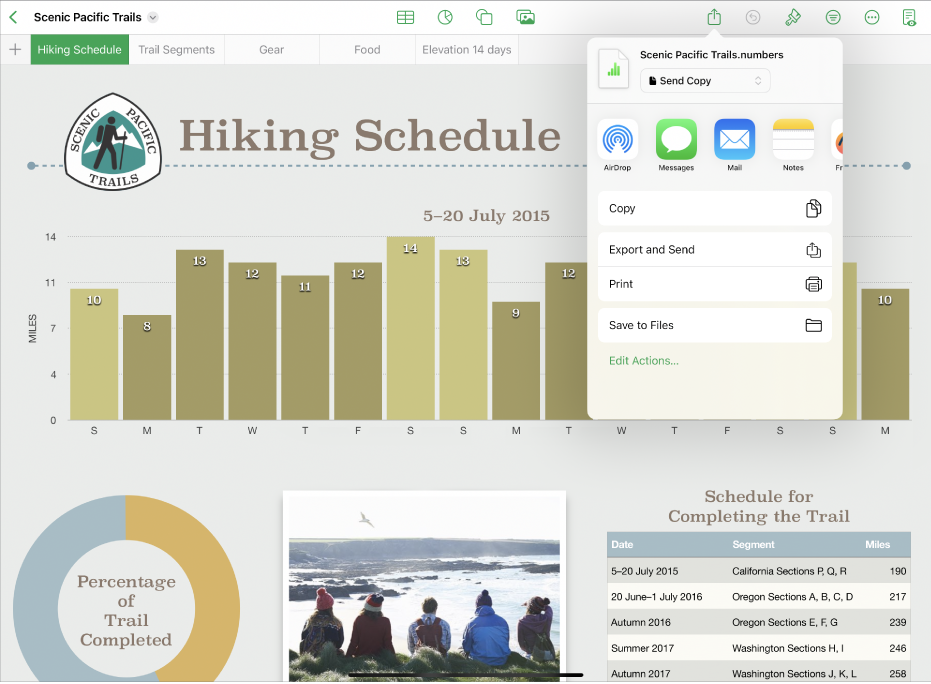 The Numbers window showing the Share menu, with options to send a copy of the spreadsheet, export and send in a different format, or print or save the spreadsheet to the Files app.