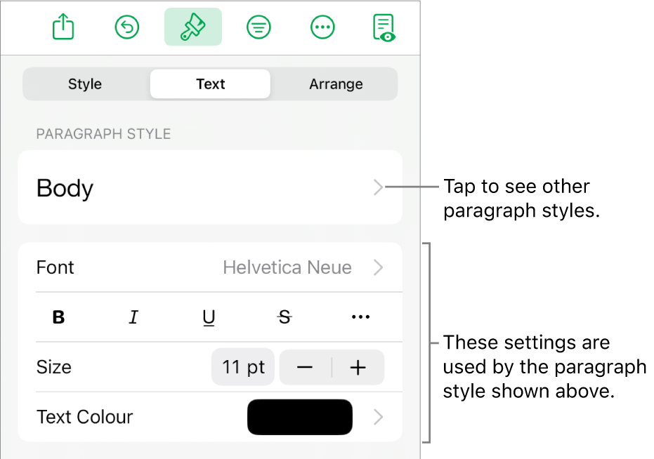 The Format menu showing text controls for setting paragraph and character styles, font, size and colour.