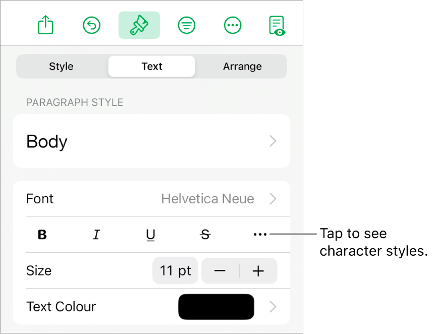 The Format controls with paragraph styles at the top, then Font controls. Below Font are the Bold, Italic, Underline, Strikethrough and More Text Options buttons.