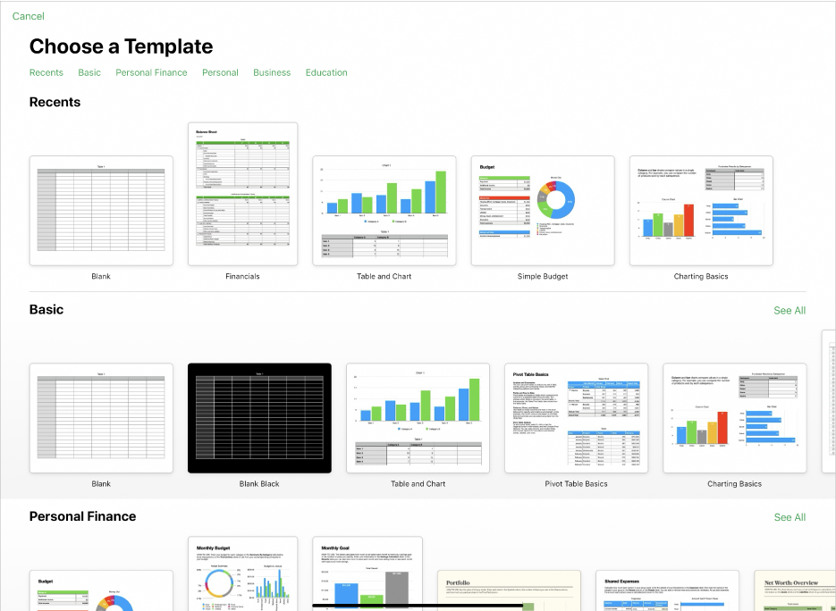 The template chooser, showing a row of categories across the top that you can tap to filter the options. Below are thumbnails of pre-designed templates arranged in rows by category, starting with Basic at the top and followed by Personal Finance, Personal, Business and Education. A See All button appears above and to the right of each category row. The Cancel button is in the top-left corner.