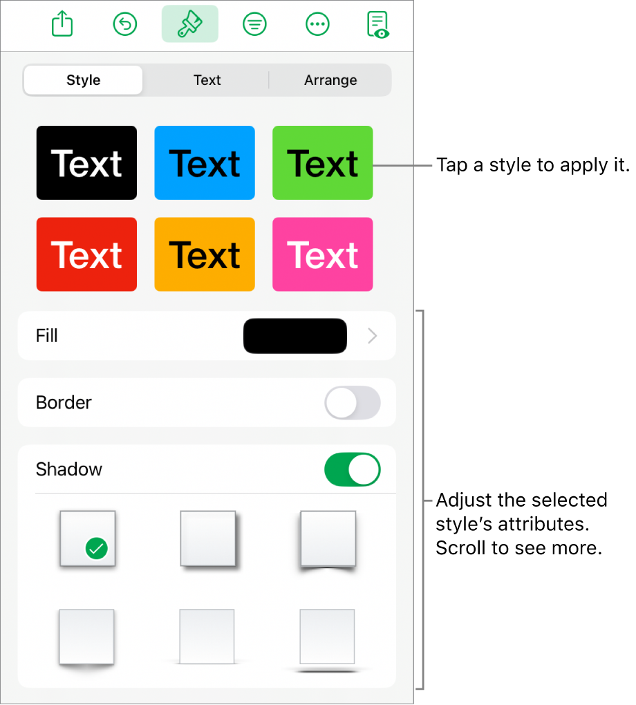 The Style tab of the Format menu with shape styles at the top and controls below them to change the fill, border, and shadow.