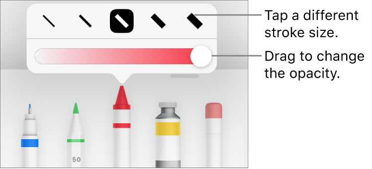 Controls for choosing a stroke size and a slider for adjusting the opacity.