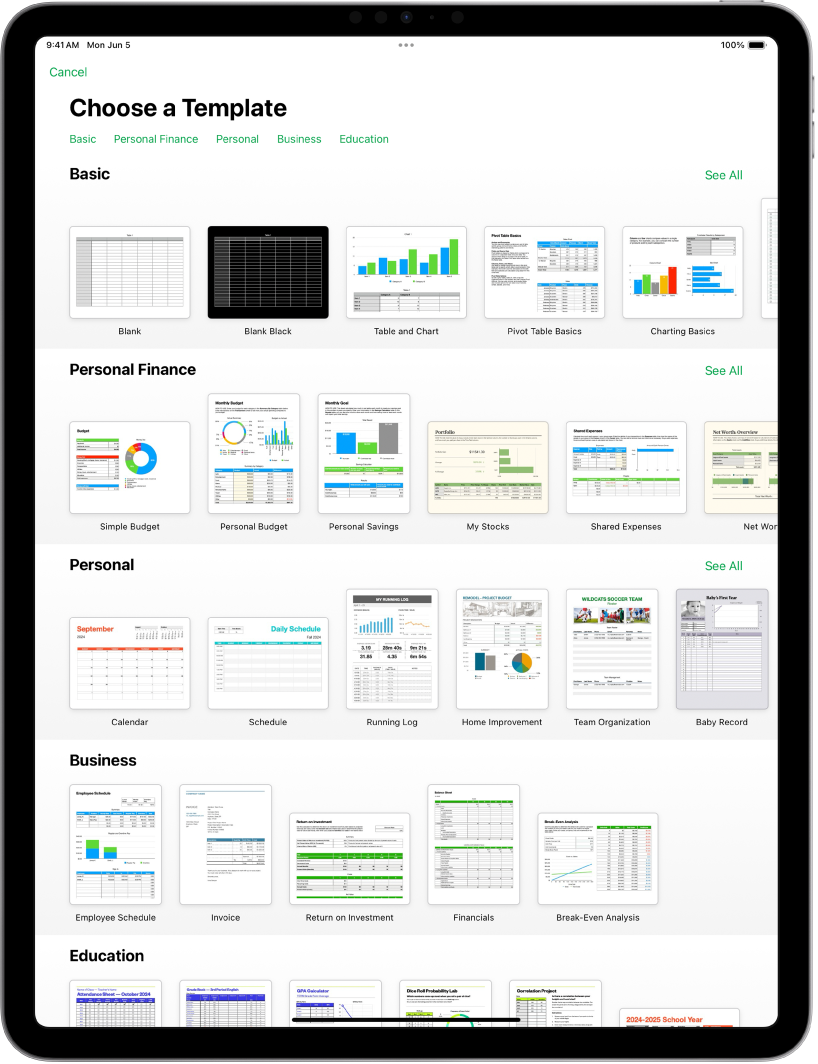 The template chooser, showing a row of categories across the top that you can tap to filter the options. Below are thumbnails of predesigned templates arranged in rows by category, starting with Recents at the top and followed by Basic and Personal Finance. A See All button appears above and to the right of each category row. The Language and Region button is in the top-right corner.