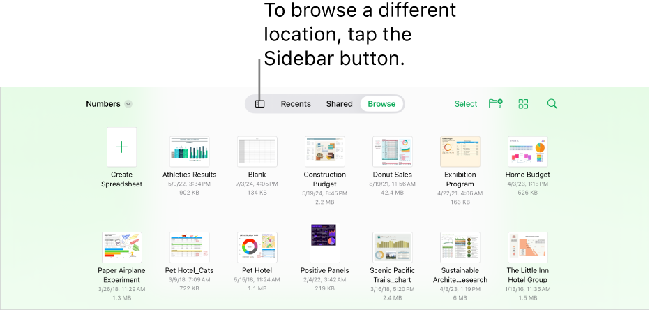 The browse view of the document manager with a location link in the top-left corner and below it a Search field. In the top-right corner are the Add a Spreadsheet button; the New Folder button; a pop-up menu to use list or icon view, and to filter by name, date, size, kind, and tag; and the Select button. Below these are thumbnails of existing spreadsheets.