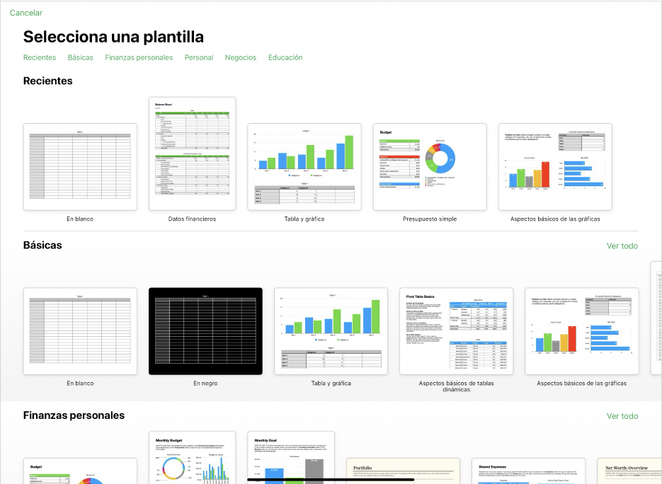 El selector de plantilla muestra una fila de categorías a lo largo de la parte superior en las que puedes tocar para filtrar las opciones. En la parte inferior, organizadas en filas por categoría, aparecen miniaturas de las plantillas prediseñadas, comenzando con la categoría Básicas en la parte superior, seguida por las categorías Finanzas personales, Negocios y Personal. En la parte superior derecha de cada fila de categoría aparece un botón Ver todo. El botón Cancelar se encuentra en la esquina superior derecha.