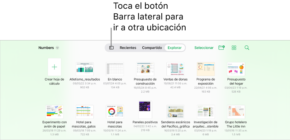 La vista de exploración del administrador de documentos con un enlace de ubicación en la esquina superior izquierda y debajo de ella, un campo de búsqueda. En la esquina superior derecha se encuentra el botón Agregar hoja de cálculo; el botón Nueva carpeta; un menú desplegable para usar la vista por lista o ícono, y para filtrar por nombre, fecha, tamaño, tipo y etiqueta; así como el botón Seleccionar. Debajo hay miniaturas de las hojas de cálculo existentes.