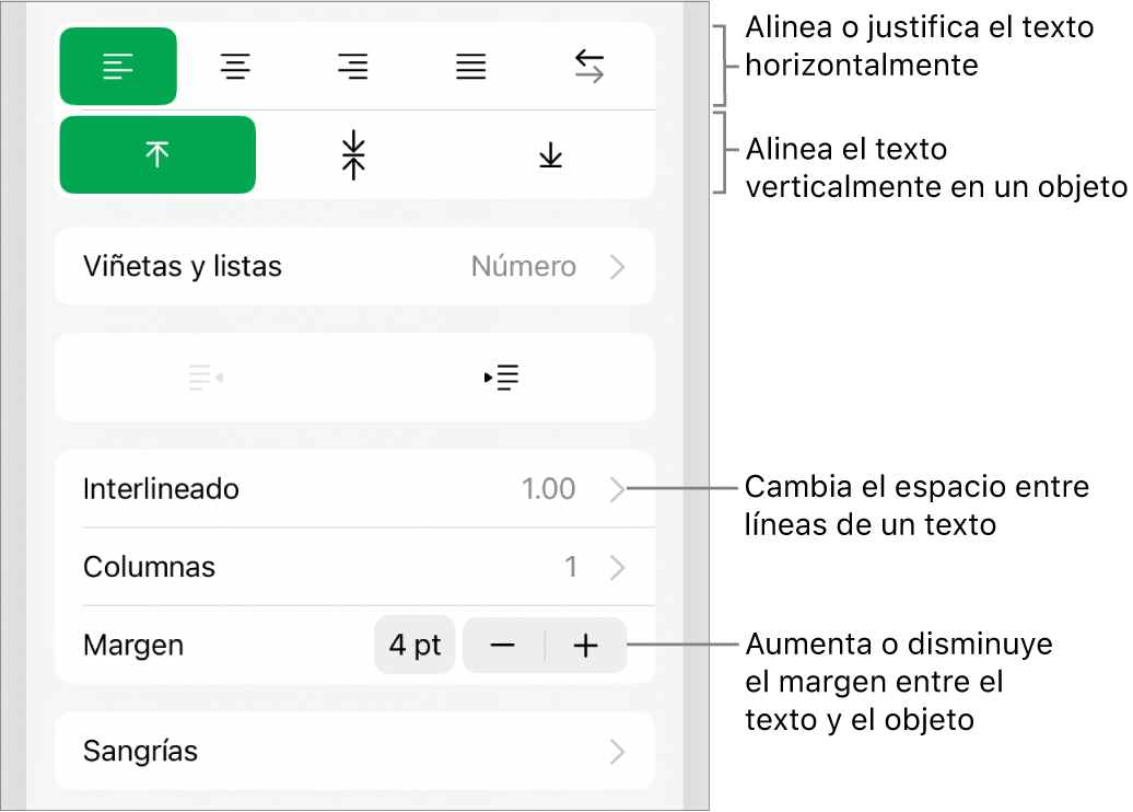 Sección Disposición del inspector de formato con llamadas a los botones de alineación de texto y espaciado.