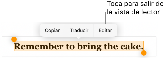 Se selecciona una oración y arriba hay un menú contextual con los botones Copiar y Editar.