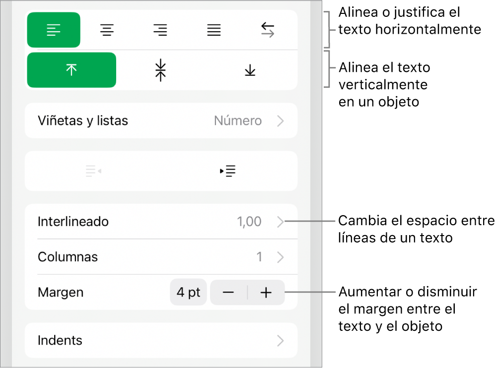 Sección Disposición del inspector de formato con llamadas a los botones de alineación de texto y espaciado.