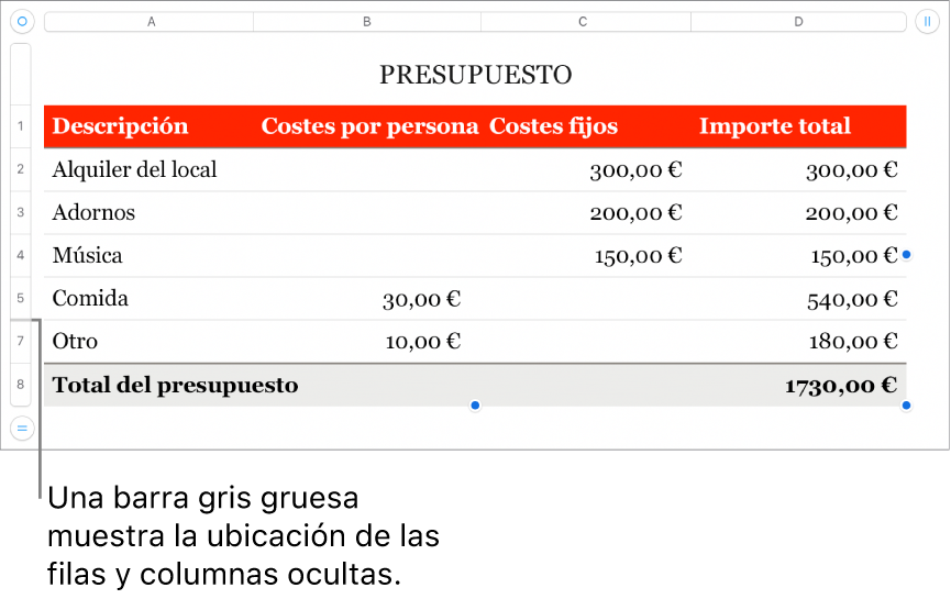 Una barra gris gruesa que muestra la ubicación de filas y columnas ocultas