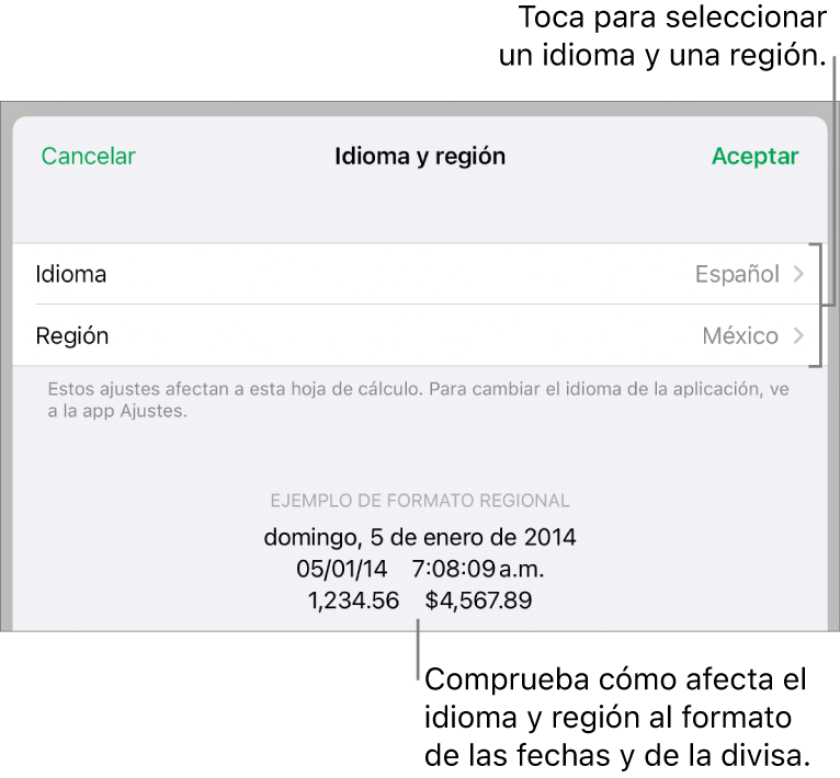 Panel “Idioma y región” con controles para el idioma y la región, y un ejemplo de formato que incluye la fecha, la hora, los decimales y la divisa.