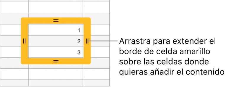 Una celda seleccionada con un borde amarillo grande que puedes arrastrar para que las celdas se autorrellenen.