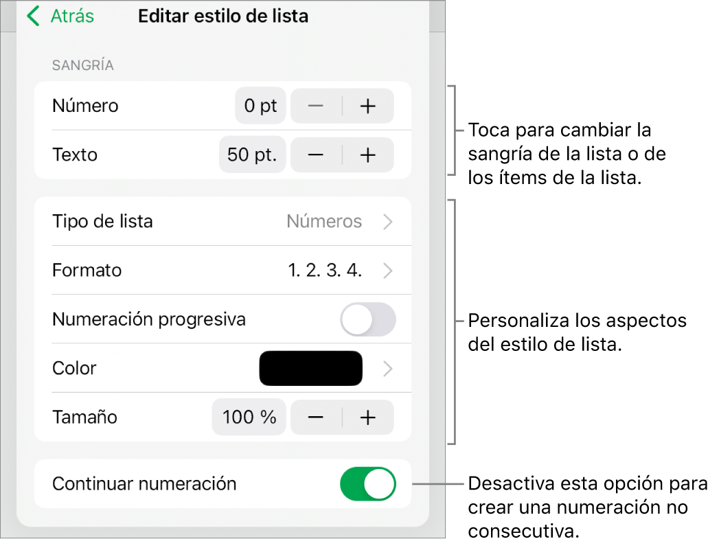 Menú “Estilo de lista” con controles para el interlineado de la sangría, el tipo de lista y el formato, la numeración progresiva, el color de la lista y el tamaño, y la numeración continua.