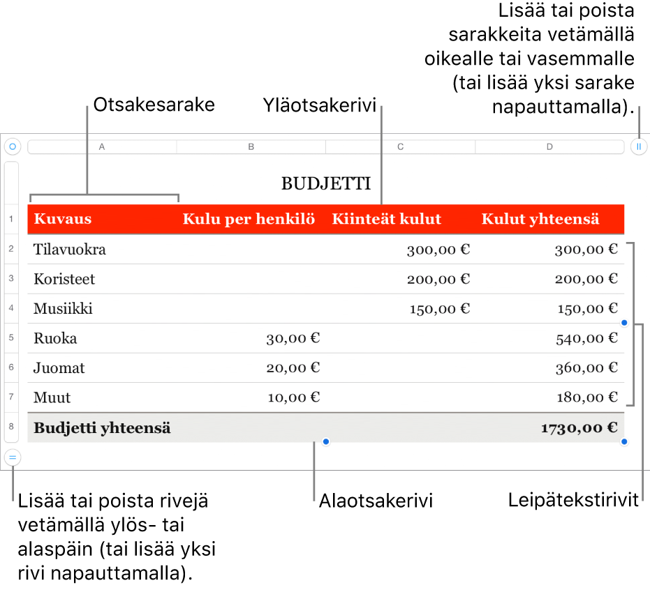 Taulukko, jossa näkyy yläotsake-, leipäteksti- ja alaotsakerivejä ja -sarakkeita sekä kahvoja rivien tai sarakkeiden lisäämiseen tai poistamiseen.