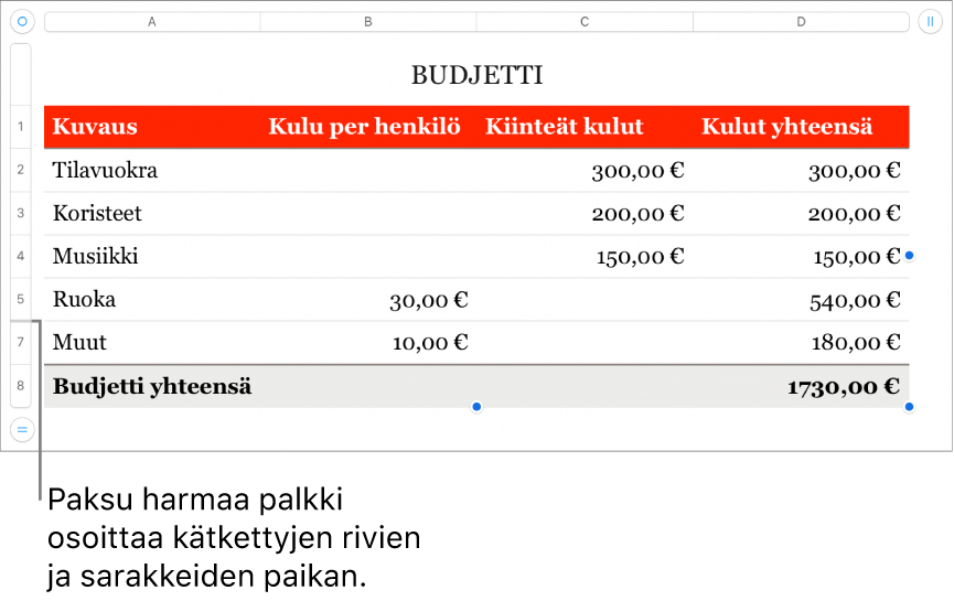 Paksu harmaa palkki, joka osoittaa kätkettyjen rivien ja sarakkeiden sijainnin.