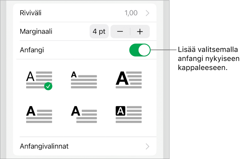 Anfangi-säätimet Teksti-valikossa.