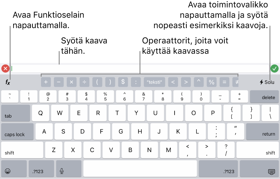 Kaavanäppäimistö, jonka yläreunassa on Kaavan muokkaaja ja alla kaavoissa käytetyt operaattorit. Funktiot-painike, jolla avataan Funktioselain, on operaattoreiden vasemmalla puolella, ja Toimintovalikko-painike on niiden oikealla puolella.