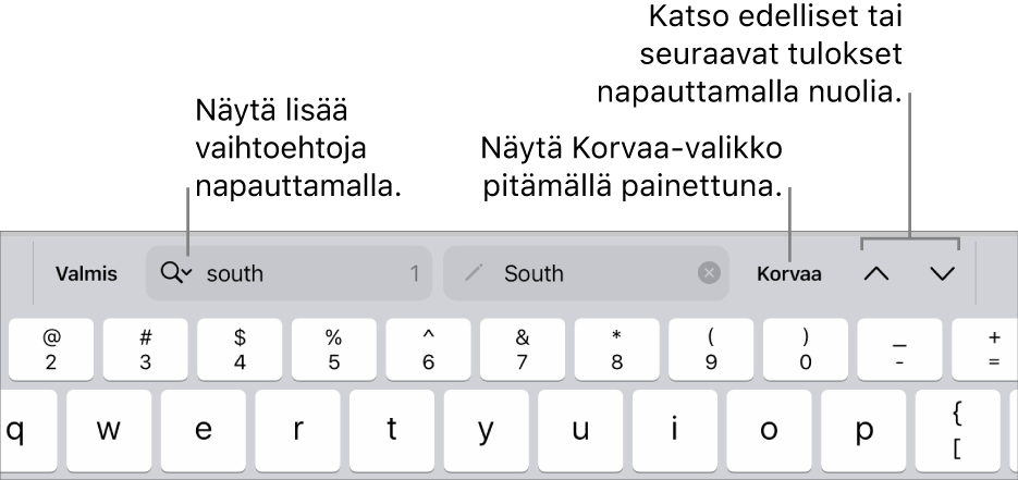 Etsi ja korvaa ‑säätimet näppäimistön yläpuolella ja selitteet Hakuvalinnat-, Korvaa-, Siirry ylös- ja Siirry alas ‑painikkeille.