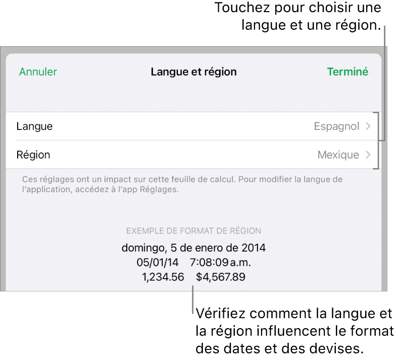 Sous-fenêtre Langue et région avec les commandes pour la langue et la région, et un exemple du format qui comprend la date, l’heure, les décimales et la devise.