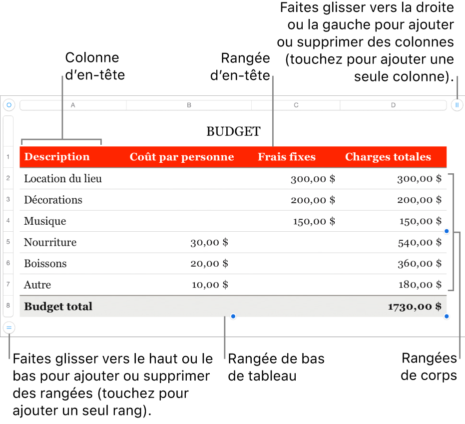 Tableau affichant des rangées et des colonnes d’en-tête, de corps et de bas de tableau, et poignées pour ajouter ou supprimer des rangées ou des colonnes.