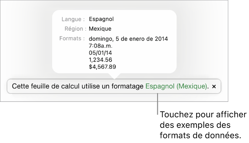La notification du réglage de langue et de région différent affichant des exemples de la mise en forme correspondant à cette langue et à cette région.