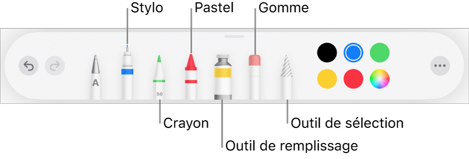 L’outil de dessin avec le stylo, le crayon,le pastel, l’outil de remplissage, la gomme, l’outil de sélection et le cadre de couleur indiquant la couleur actuelle. Le bouton du menu Plus se trouve à droite.