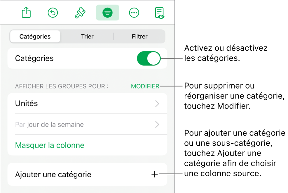 Le menu Catégories pour iPad, avec des options permettant de désactiver les catégories, supprimer des catégories, regrouper des données, masquer une colonne source et ajouter des catégories.