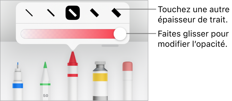 Commandes pour choisir une épaisseur de trait et curseur pour ajuster l’opacité.