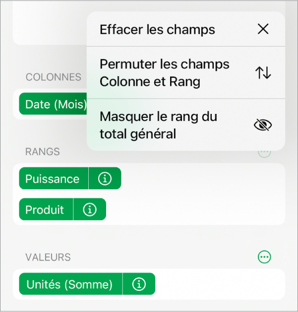 Le menu « Options du champ » affichant les commandes permettant de masquer les totaux généraux, de permuter les champs Colonne et Rang, et d’effacer des champs.