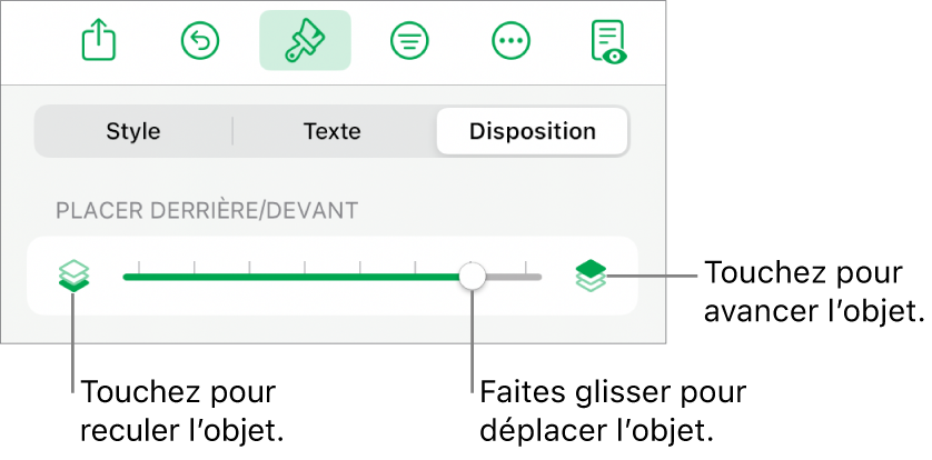 Le bouton de déplacement vers l’arrière, le bouton de déplacement vers l’avant et le curseur de superposition.