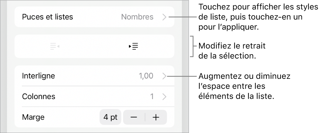 La section « Puces et listes » des commandes Format avec des légendes pour « Puces et listes », les boutons d’indentation et de suppression d’indentation et les commandes d’espacement entre les lignes.