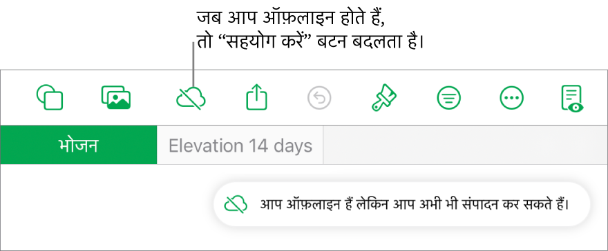 स्क्रीन के शीर्ष पर बटन, जहाँ मौजूद “सहयोग करें” बटन विकर्ण रेखा वाले क्लाउड में बदल जाता है। स्क्रीन पर एक अलर्ट कहता है, “आप ऑफ़लाइन हैं लेकिन अब भी संपादित कर सकते हैं।”