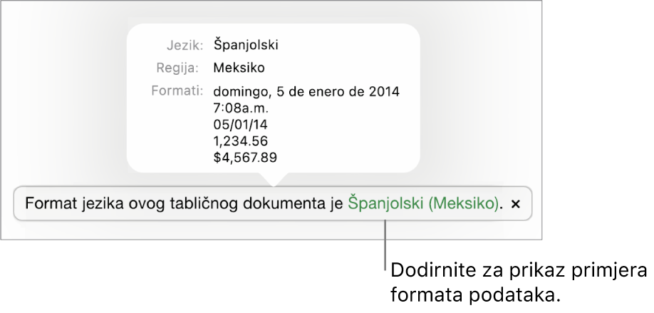 Obavijest o postavci drugog jezika i regije, pokazuje primjere formatiranja na tom jeziku i u toj regiji.
