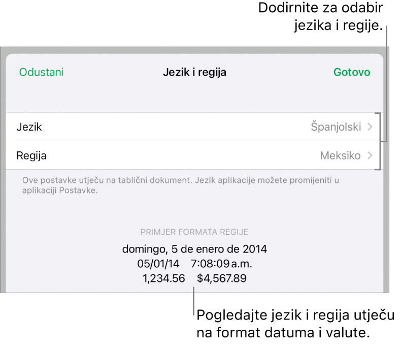 Prozor Jezik i regija s kontrolama za jezik i regiju te primjer formatiranja uključujući datum, vrijeme, decimalu i valutu.