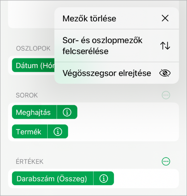 A További mezőbeállítások menü a végösszegek elrejtésére, oszlop- és sormezők felcserélésére és mezők törlésére szolgáló vezérlőkkel.