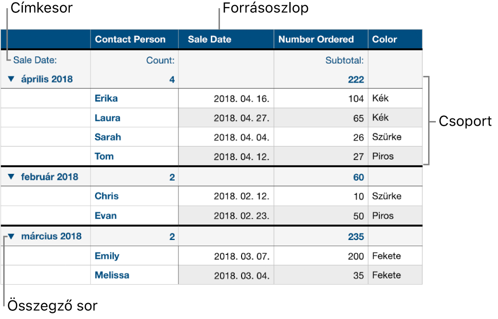 Kategorizált táblázat, forrásoszloppal, csoportokkal, összesítő sorral és címkesorral.