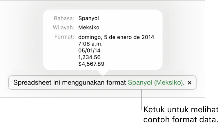 Pemberitahuan pengaturan bahasa dan wilayah yang berbeda, menunjukkan contoh format dalam bahasa dan wilayah tersebut.