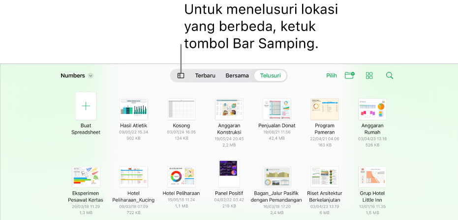 Tampilan telusuri pengelola dokumen dengan tombol Bar Samping di pojok kiri atas. Di kanan atas terdapat tombol Tambah, tombol Folder Baru, tombol Ikon (untuk mengurutkan menurut nama, tanggal, ukuran, atau label), tombol Pilih, dan tombol Cari.