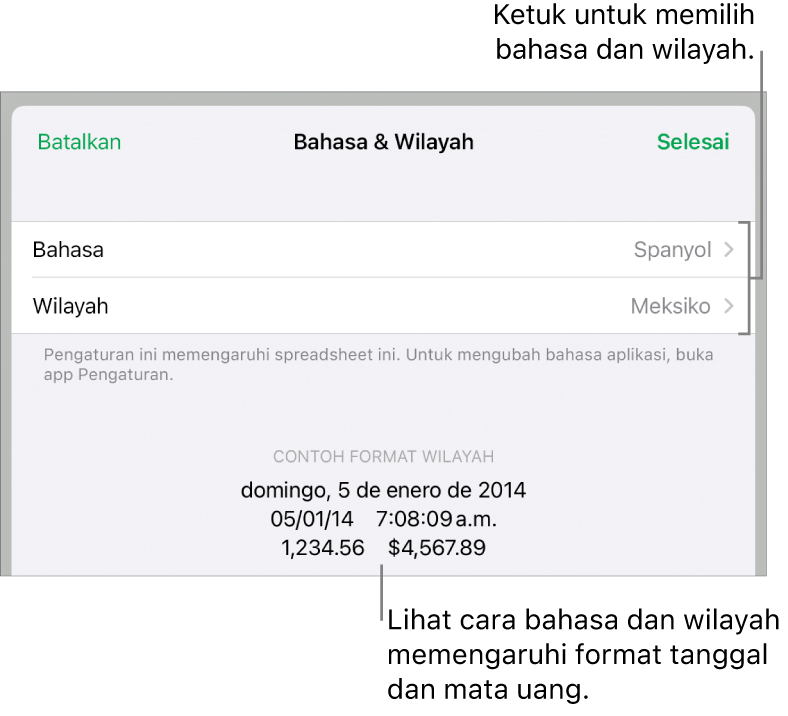 Panel Bahasa dan Wilayah dengan kontrol untuk bahasa dan wilayah, serta contoh format termasuk tanggal, waktu, desimal, dan mata uang.