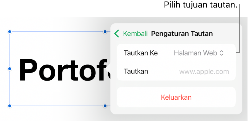 Kontrol Pengaturan Tautan dengan Halaman Web dipilih, dan tombol Hapus di bagian bawah.