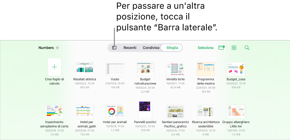 La vista Sfoglia del gestore documenti con il pulsante della barra laterale nell’angolo in alto a sinistra. Il pulsante Aggiungi, “Nuova cartella”, i pulsanti Icone (per ordinare per nome, data, dimensioni o tag), il pulsante Seleziona e Cerca si trovano in alto a destra.