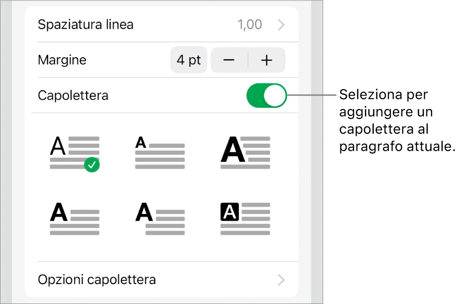 I controlli Capolettera situati nel menu Testo.