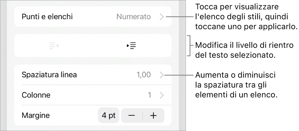 La sezione “Elenchi puntati” dei controlli di Formato, con didascalie per “Elenchi puntati”, i pulsanti per aumentare e ridurre il rientro e i controlli di “Spaziatura linea”.