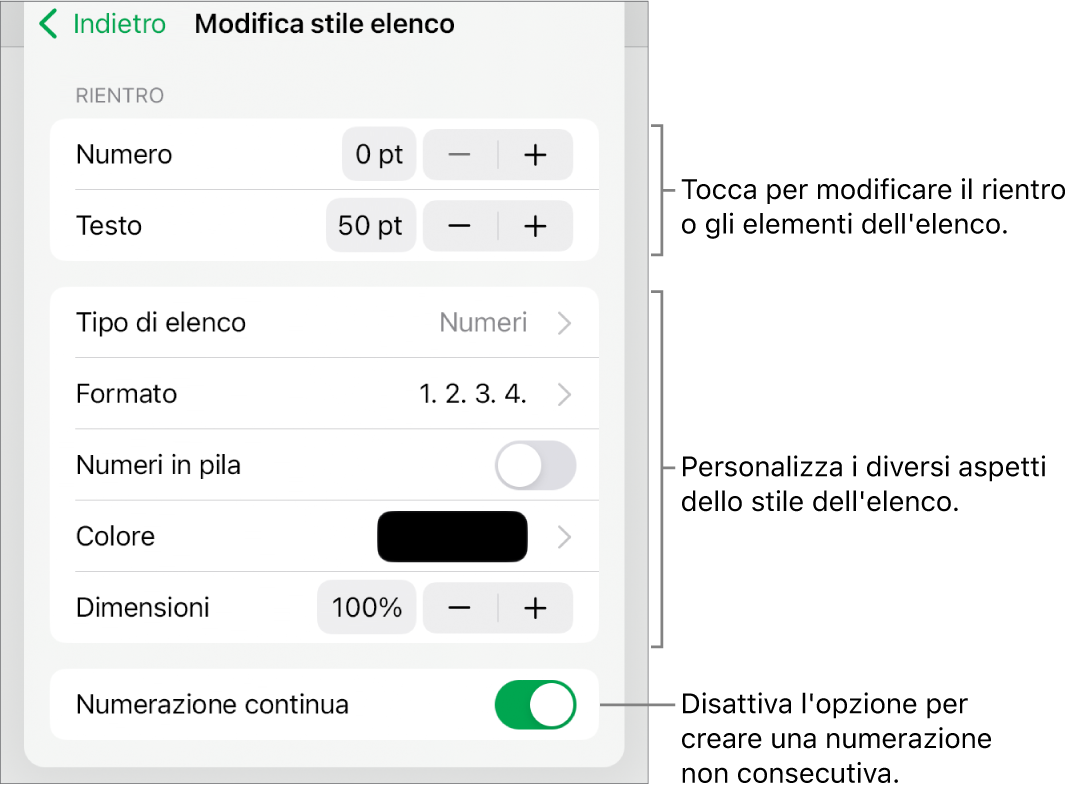 Il menu “Modifica stili elenco” con controlli per la spaziatura del rientro, tipo di elenco e formato, numeri in pila, colore e dimensione elenco e numerazione continua.