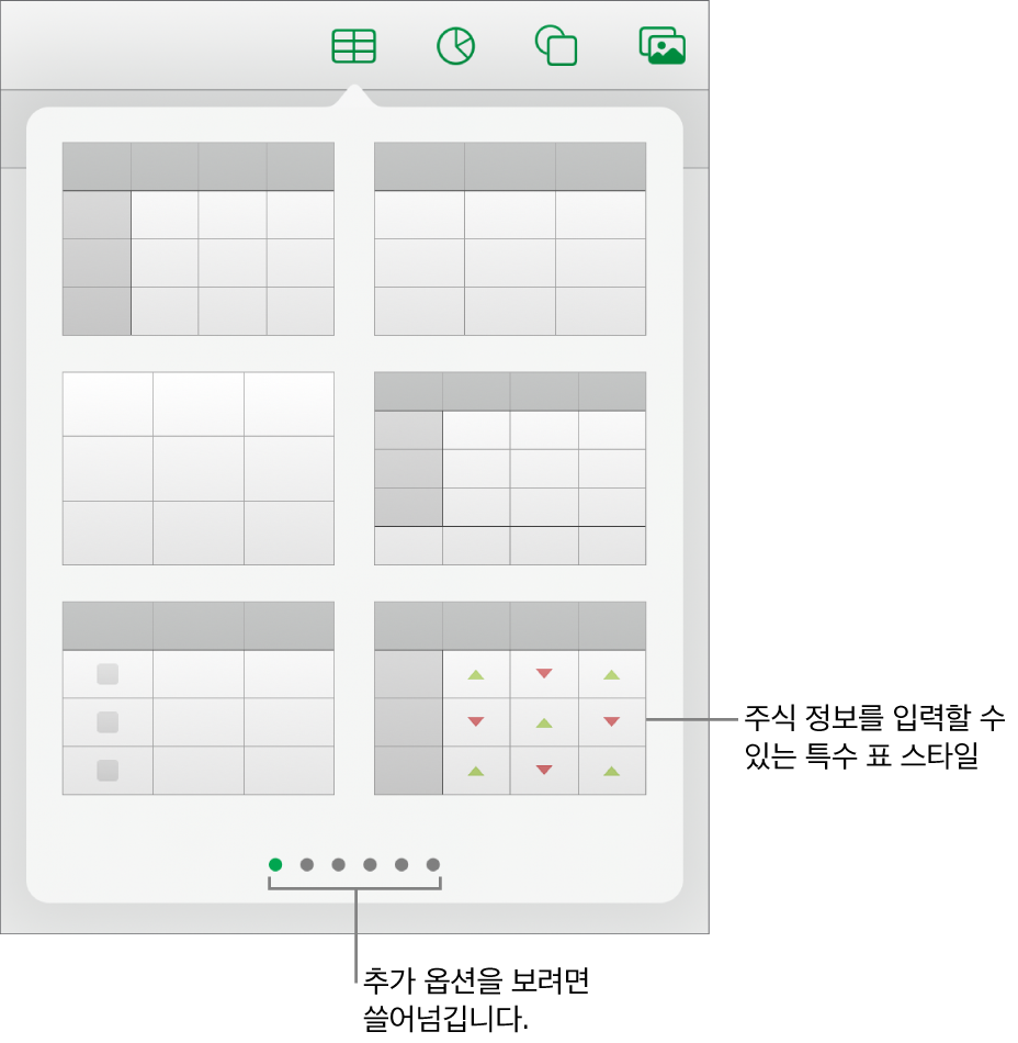 오른쪽 하단에 주식 정보 입력용 특수 스타일을 포함한 표 스타일의 썸네일을 표시하는 표 팝오버. 쓸어넘겨 스타일을 추가로 볼 수 있음을 표시하는 여섯 개의 점.