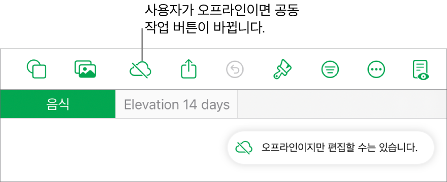 상단에 여러 버튼이 있고 공동 작업 버튼이 대각선이 있는 구름으로 바뀜. ‘오프라인이지만 편집할 수는 있습니다.’라는 경고가 화면에 있음.