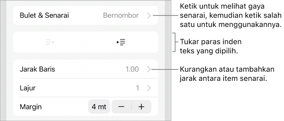 Bahagian Bulet & Senarai daripada kawalan Format dengan petak bual ke Bulet & Senarai, butang outden dan inden serta kawalan jarak baris.