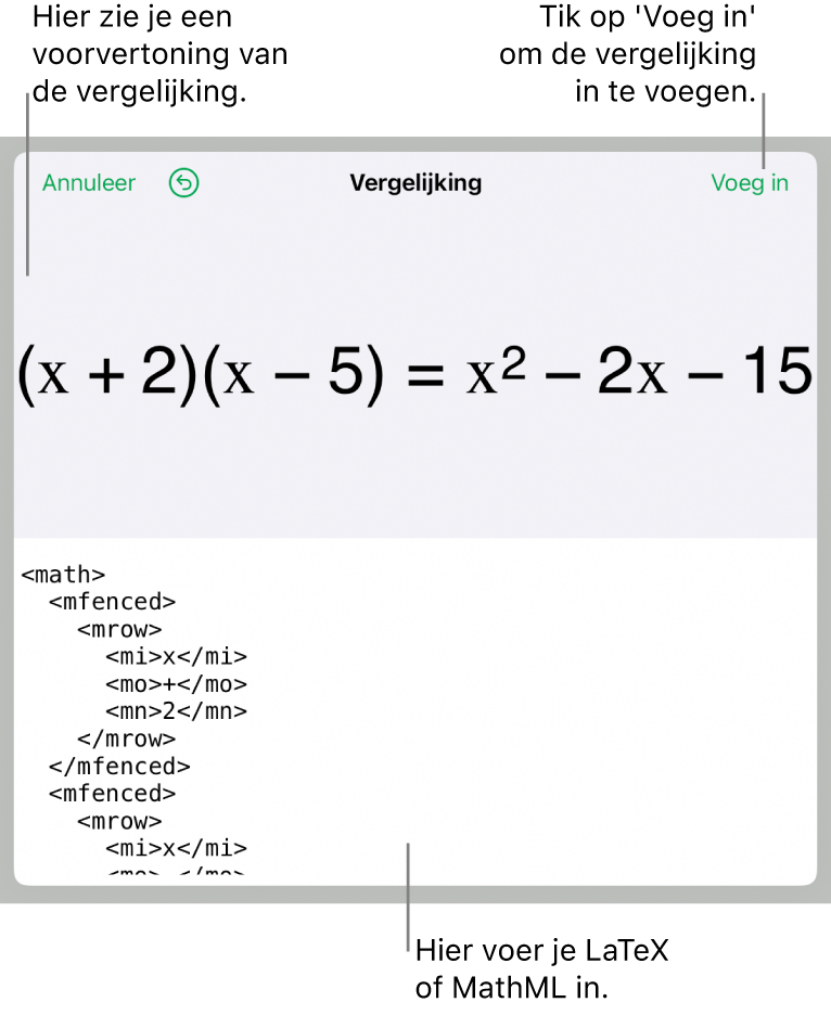 Het venster 'Vergelijking' met daarin een vergelijking die geschreven is met MathML-commando's en erboven een voorvertoning van de formule.