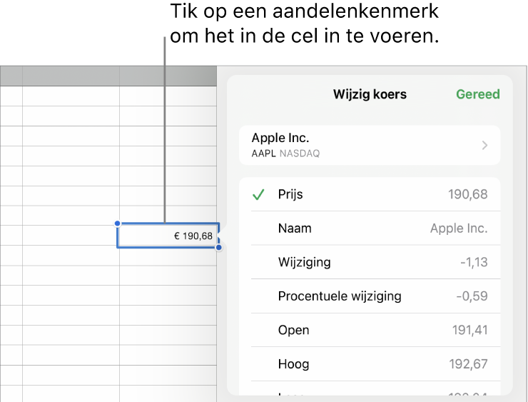 De pop‑over voor de aandelenkoers, met bovenaan de naam van het aandeel, en daaronder de kenmerken die je voor het aandeel kunt selecteren, zoals prijs, naam, wijziging, procentuele wijziging, open en hoog.