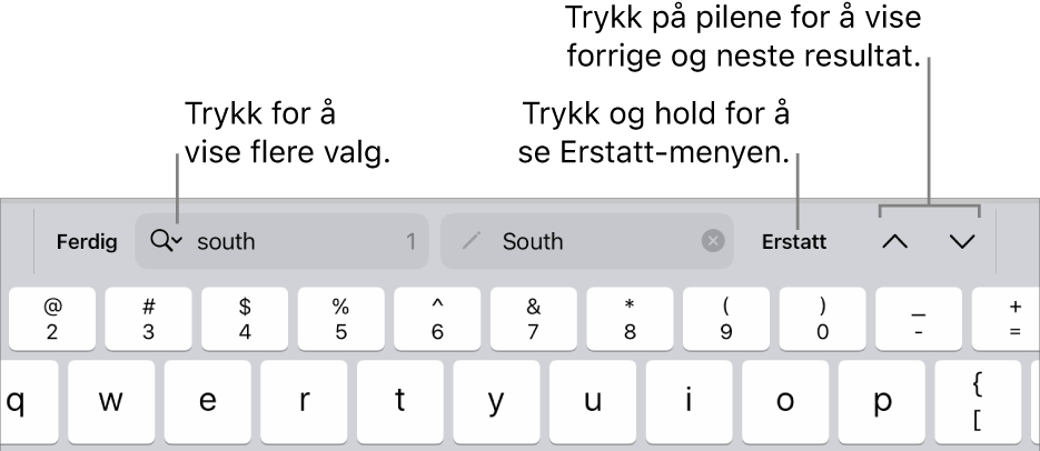 Søk og erstatt-kontrollene over tastaturet med bildebeskrivelser for knappene for Søkealternativer, Erstatt, Gå opp og Gå ned.
